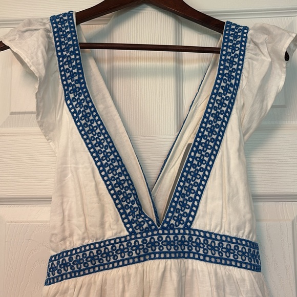 JCREW WOMENS MAXI LENGTH LINEN COTTON BLEND PLUNGE V NECK DRESS WHITE BLUE LARGE - Picture 6 of 10